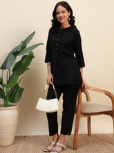 Thread Plus Black Color Cotton Flax Fabric Regular Fit Round Neck Co-Ord Set for Women